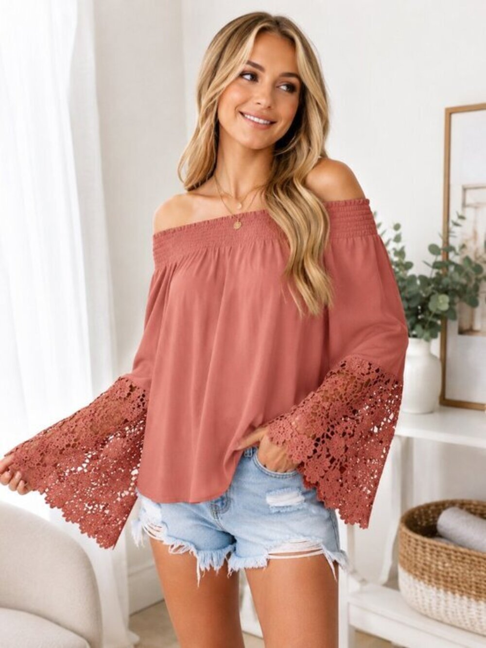 Boho Mauve Pink Off Shoulder Lace Bell Sleeve Blouse NWT
